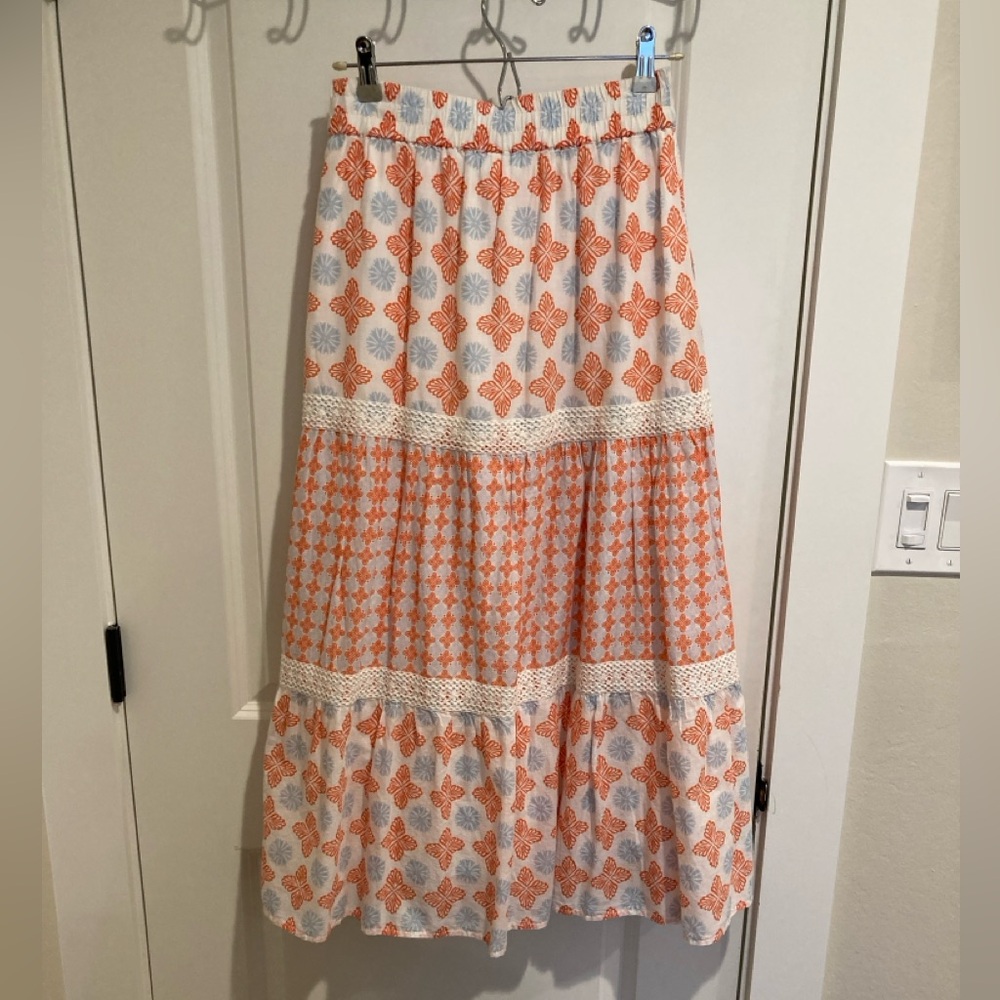 Sigrid Olsen women’s Orange/blue Floral Tiered Maxi Skirt - Size M